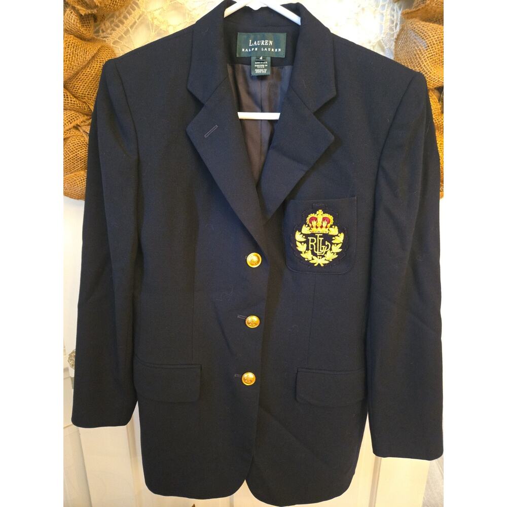 Vintage Lauren Ralph Lauren Crest Blazer Womens 4 Navy Wool Gold Buttons Preppy - Picture 8 of 15